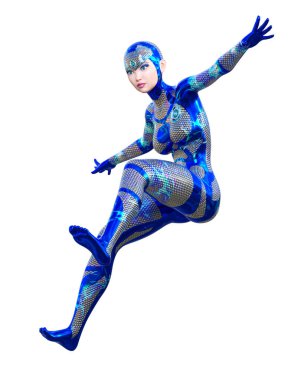 Sayborg robot kadın, fütüristik metalik neon elbise. Müsrif moda sanatı. Açık sözlü, provakatif bir poz veren kız..