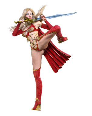 Kırmızı yağmurluklu, çizmeli ve kılıçlı savaşçı Amazon kadın. Uzun sarı saçlı. Kaslı atletik vücut. Açık sözlü, kışkırtıcı bir duruş sergileyen bir kız. Kavramsal moda sanat 3D izole resimleme.