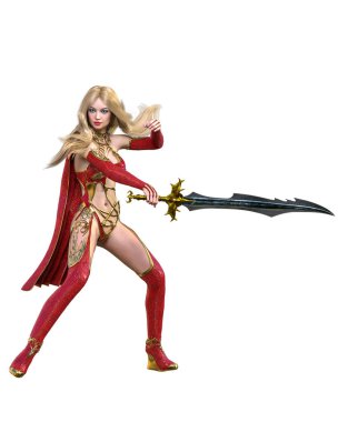 Kırmızı yağmurluklu, çizmeli ve kılıçlı savaşçı Amazon kadın. Uzun sarı saçlı. Kaslı atletik vücut. Açık sözlü, kışkırtıcı bir duruş sergileyen bir kız. Kavramsal moda sanat 3D izole resimleme.