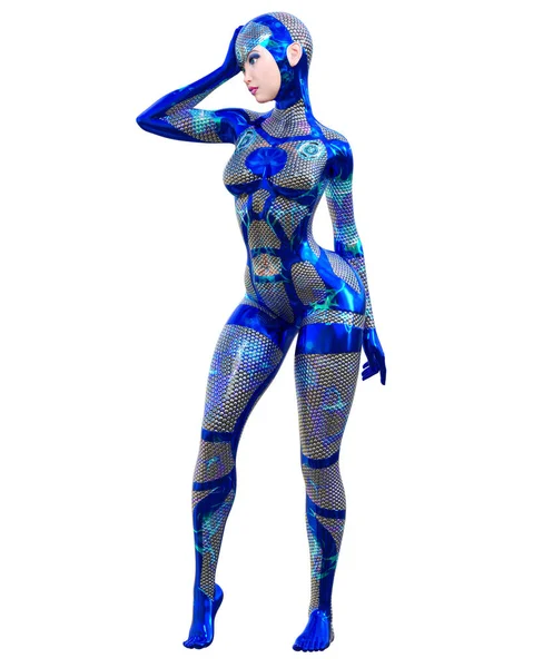 Cyborg Droide Robot Donna Futuristico Abito Neon Metallico Squama Armor — Foto Stock