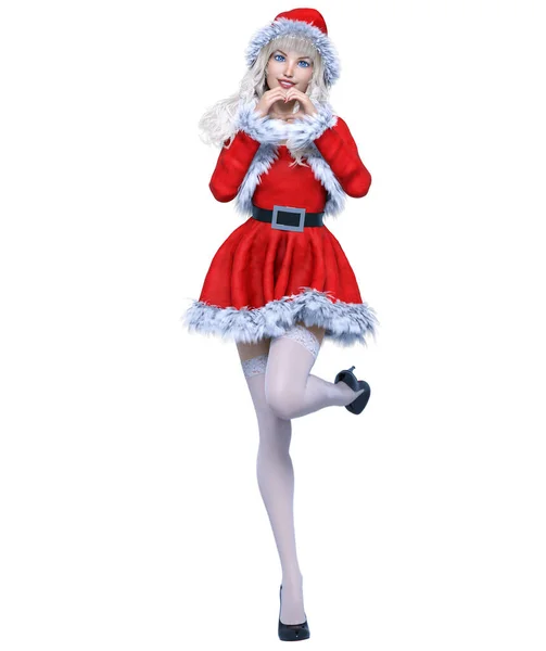 Young Beautiful Santa Girl Short Red Festive Dress Fur White — Stock Photo, Image