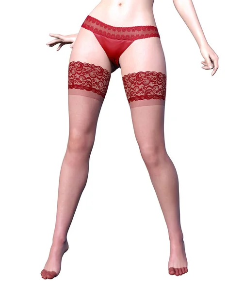 美丽的细长性感的女性腿红色的内裤和长袜 漂亮的内衣裤系列 引人注目的解放思想 3D渲染 孤独感 概念时尚艺术 — 图库照片