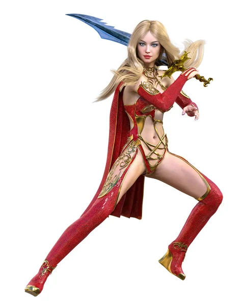 Kırmızı yağmurluklu, çizmeli ve kılıçlı savaşçı Amazon kadın. Uzun sarı saçlı. Kaslı atletik vücut. Açık sözlü, kışkırtıcı bir duruş sergileyen bir kız. Kavramsal moda sanat 3D izole resimleme.