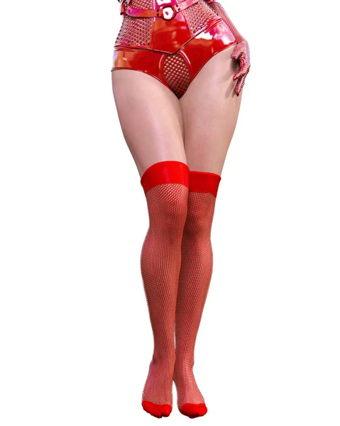 美丽的性感女人腿红色乳胶紧身胸衣袜子简约的奢侈服装妇女演播室摄影高矮的他概念时尚艺术滑稽可笑的表演夸张的制服 — 图库照片