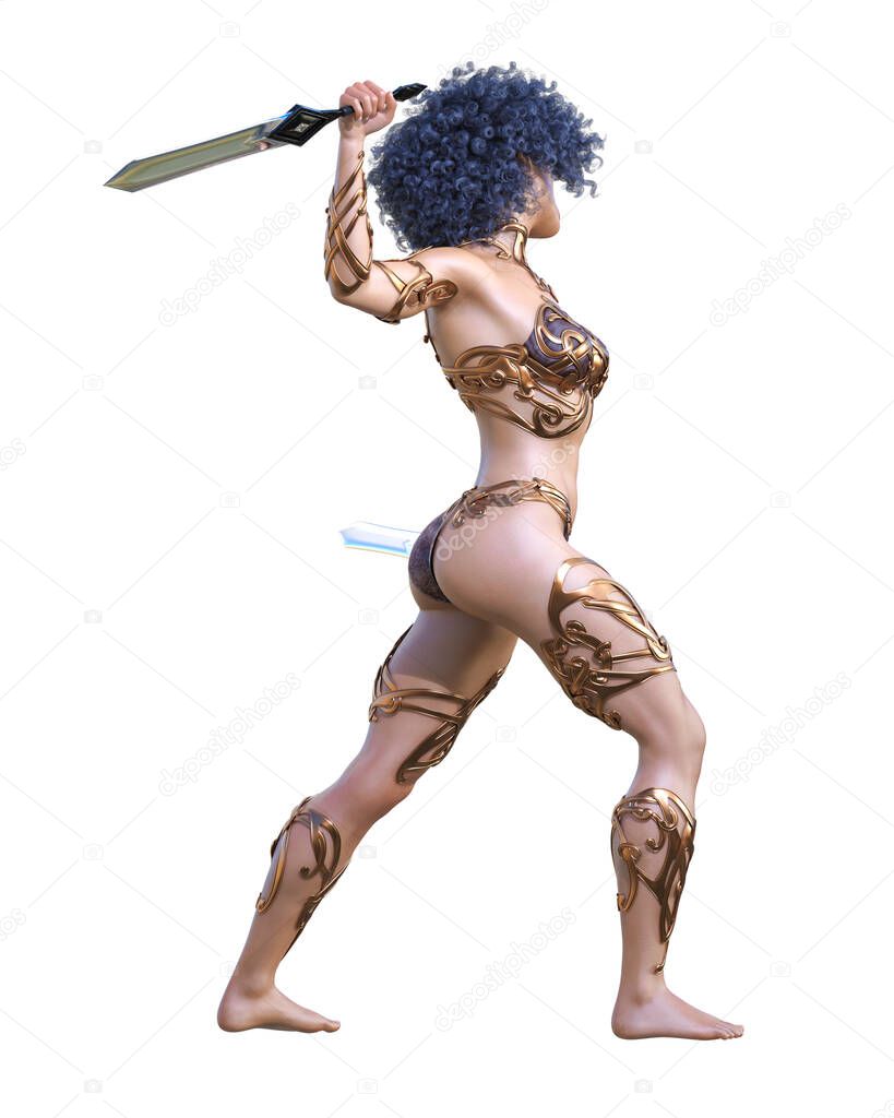 Warrior amazon woman with sword. Long hair. Muscular athletic body. Girl standing candid provocative pose. Conceptual fashion art. 3D render isolate illustration. Hi key.