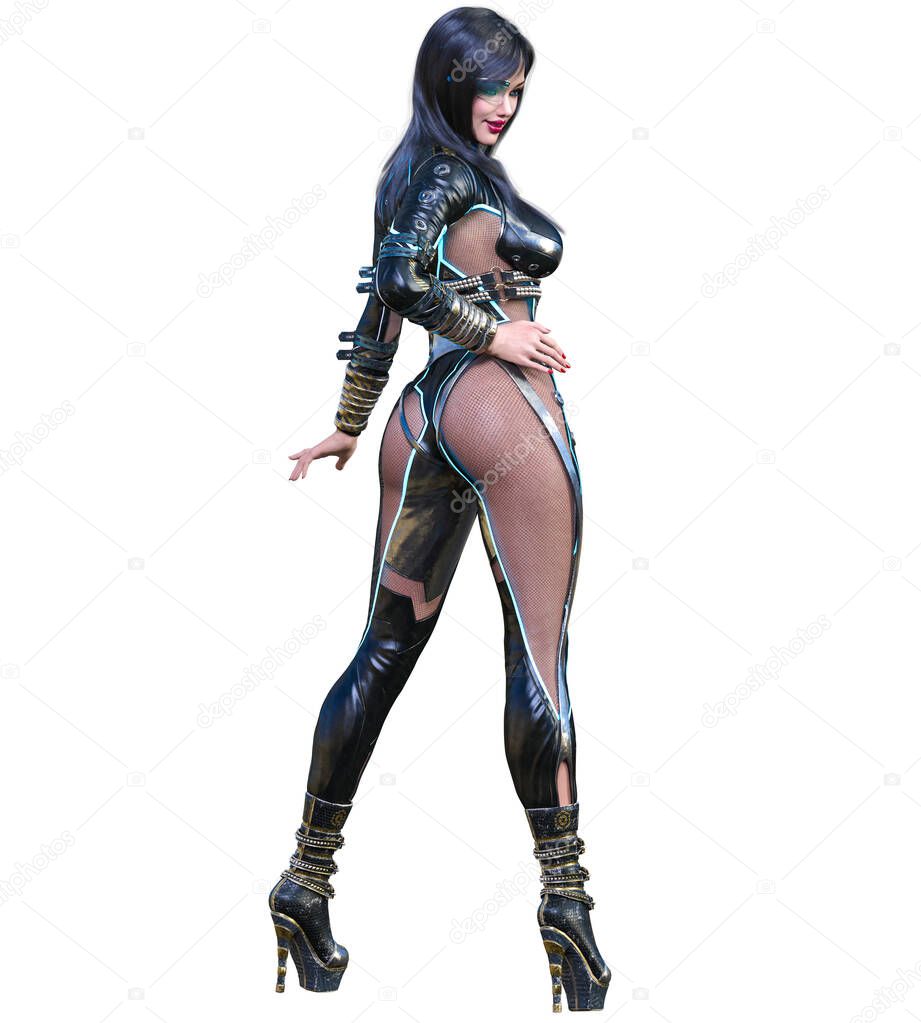 3D sexy anime secret agent woman.Futuristic extravagant latex spy clothing.Comic cosplay hero.Cartoon, comics, manga illustration.Conceptual fashion art render.