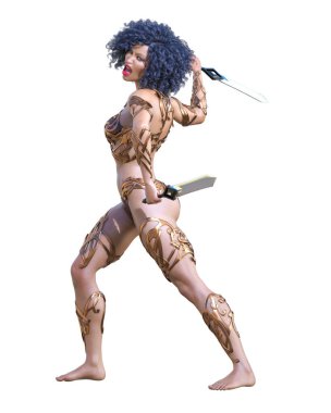 Kılıçlı savaşçı Amazon kadın. Uzun saçlı. Kaslı atletik vücut. Açık sözlü, kışkırtıcı bir duruş sergileyen bir kız. Kavramsal moda sanatı. 3D görüntüyü izole et. Merhaba anahtar..