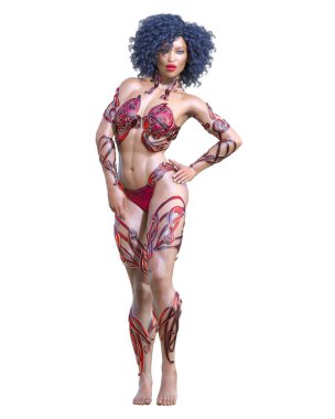 Savaşçı Amazon kadın. Uzun saçlı. Kaslı atletik vücut. Açık sözlü, kışkırtıcı bir duruş sergileyen bir kız. Kavramsal moda sanatı. 3D görüntüyü izole et. Merhaba anahtar..