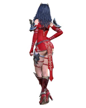 Savaşçı Amazon kadın metal bıçak. Uzun koyu renk saç. Komik kahraman. Kaslı atletik vücut. Agresif duruş gösteren kız.