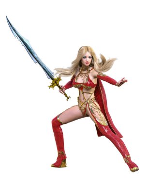 Kırmızı yağmurluklu, çizmeli ve kılıçlı savaşçı Amazon kadın. Uzun sarı saçlı. Kaslı atletik vücut. Açık sözlü, kışkırtıcı bir duruş sergileyen bir kız. Kavramsal moda sanat 3D izole resimleme.