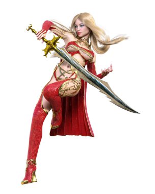 Kırmızı yağmurluklu, çizmeli ve kılıçlı savaşçı Amazon kadın. Uzun sarı saçlı. Kaslı atletik vücut. Açık sözlü, kışkırtıcı bir duruş sergileyen bir kız. Kavramsal moda sanat 3D izole resimleme.