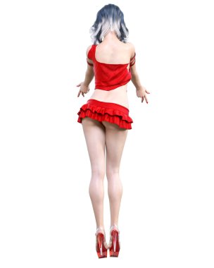 Güzel kadın kırmızı mini eteği. Parlak makyaj. Stüdyo fotoğrafı. Kavramsal moda sanatı. Baştan çıkarıcı pozlar..