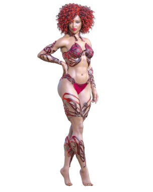 Savaşçı Amazon kadın. Uzun saçlı. Kaslı atletik vücut. Açık sözlü, kışkırtıcı bir duruş sergileyen bir kız. Kavramsal moda sanatı. 3D görüntüyü izole et. Merhaba anahtar..