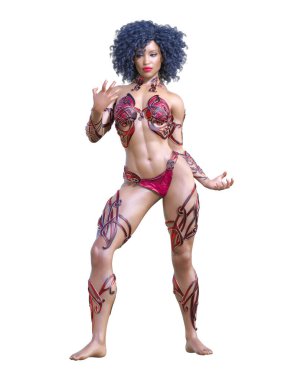 Savaşçı Amazon kadın. Uzun saçlı. Kaslı atletik vücut. Açık sözlü, kışkırtıcı bir duruş sergileyen bir kız. Kavramsal moda sanatı. 3D görüntüyü izole et. Merhaba anahtar..