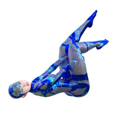 Sayborg robot kadın, fütüristik metalik neon elbise. Müsrif moda sanatı. Açık sözlü, provakatif bir poz veren kız..