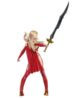 Kırmızı yağmurluklu, çizmeli ve kılıçlı savaşçı Amazon kadın. Uzun sarı saçlı. Kaslı atletik vücut. Açık sözlü, kışkırtıcı bir duruş sergileyen bir kız. Kavramsal moda sanat 3D izole resimleme.