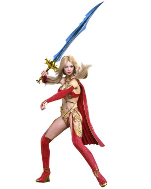 Kırmızı yağmurluklu, çizmeli ve kılıçlı savaşçı Amazon kadın. Uzun sarı saçlı. Kaslı atletik vücut. Açık sözlü, kışkırtıcı bir duruş sergileyen bir kız. Kavramsal moda sanat 3D izole resimleme.