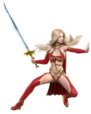 Kırmızı yağmurluklu, çizmeli ve kılıçlı savaşçı Amazon kadın. Uzun sarı saçlı. Kaslı atletik vücut. Açık sözlü, kışkırtıcı bir duruş sergileyen bir kız. Kavramsal moda sanat 3D izole resimleme.