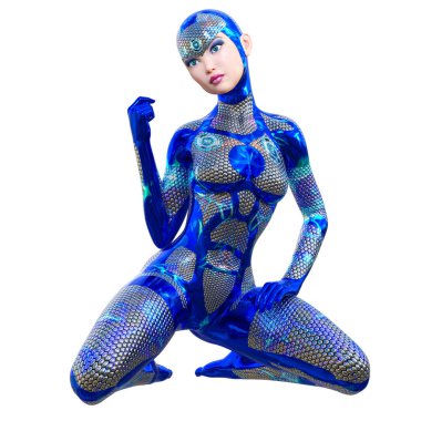 Sayborg robot kadın, fütüristik metalik neon elbise. Müsrif moda sanatı. Açık sözlü, provakatif bir poz veren kız..