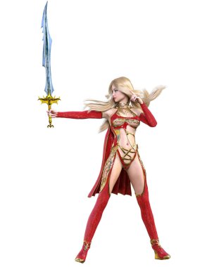 Kırmızı yağmurluklu, çizmeli ve kılıçlı savaşçı Amazon kadın. Uzun sarı saçlı. Kaslı atletik vücut. Açık sözlü, kışkırtıcı bir duruş sergileyen bir kız. Kavramsal moda sanat 3D izole resimleme.