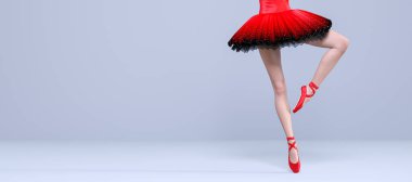 Üç boyutlu balerin bacakları klasik sivri ayakkabılar ve bale eteği. Dans eden kadın. Bale dansçısı. Stüdyo fotoğrafçılığı. Kavramsal moda sanat tasarımı. Pastel pembe arka plan. Boşluğu kopyala