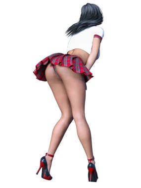 Güzel bir genç kadın poz veriyor. Kısa kırmızı etek, ayakkabı, bluz. Uzun saç. Okul seksi üniforma. Kavramsal moda sanatı..