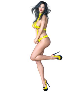 Uzun, seksi, minimalist, gösterişli, seksi deri iç çamaşırı. Tanga, sütyen askısı ve külot. Kavramsal moda sanatı. Baştan çıkarıcı, 3D görünümü..