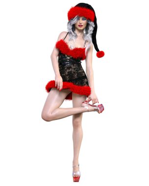 Genç, güzel Noel Baba kızı. Kısa, siyah, şeffaf, şenlikli elbise. Uzun saç. Parlak makyaj..