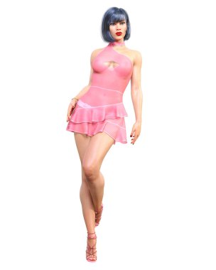 Güzel bir kadın, şeffaf gece mini elbisesi, daha parlak kıyafetler koleksiyonu. Parlak makyaj. Kadın stüdyosu göz alıcı fotoğraf çekimi. Kavramsal moda sanatı..