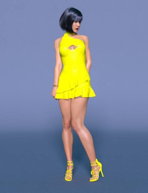 Güzel bir kadın, şeffaf gece mini elbisesi, daha parlak kıyafetler koleksiyonu. Parlak makyaj. Kadın stüdyosu göz alıcı fotoğraf çekimi. Kavramsal moda sanatı..