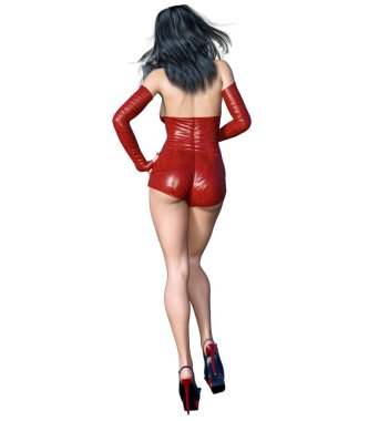 Güzel kadın, kırmızı deri kısa vücut. Parlak kıyafet koleksiyonu. Parlak makyaj. Kadın stüdyo fotoğrafı. Kavramsal moda sanat..