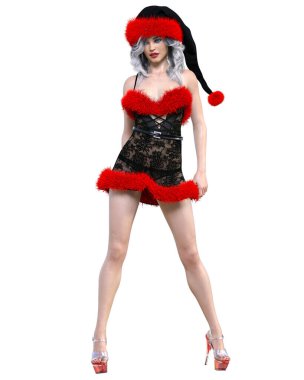 Genç, güzel Noel Baba kızı. Kısa, siyah, şeffaf, şenlikli elbise. Uzun saç. Parlak makyaj..