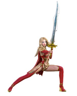 Kırmızı yağmurluklu, çizmeli ve kılıçlı savaşçı Amazon kadın. Uzun sarı saçlı. Kaslı atletik vücut. Açık sözlü, kışkırtıcı bir duruş sergileyen bir kız. Kavramsal moda sanat 3D izole resimleme.