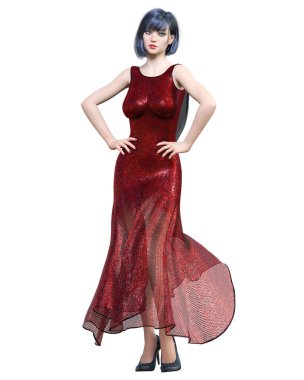 Güzel, uzun, kırmızı gece elbisesi içinde esmer bir kadın. Parlak kıyafetler koleksiyonu. Parlak makyaj. Stüdyo fotoğrafçılığı..