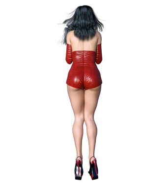 Güzel kadın, kırmızı deri kısa vücut. Parlak kıyafet koleksiyonu. Parlak makyaj. Kadın stüdyo fotoğrafı. Kavramsal moda sanat..