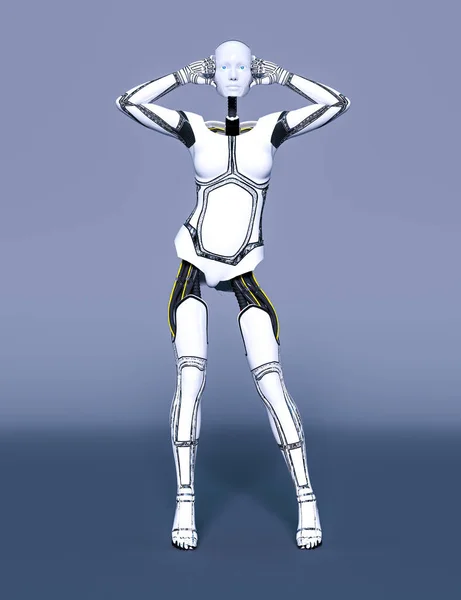 Robot woman.White metal droid.Android girl.Artificial Intelligence.Cybernetic mechanism.Neural networks.Conceptual fashion art.3D render illustration.Studio, high key.