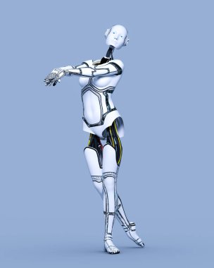 Robot kadın. Beyaz metal droid. Android kız. Yapay Zeka. Sibernetik Mekanizma. Sinir ağları..