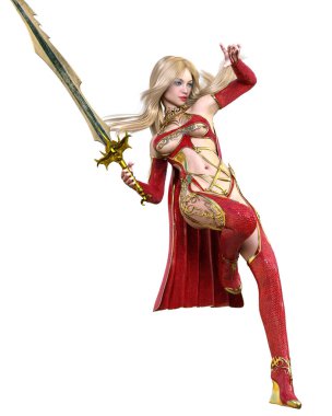 Kırmızı yağmurluklu, çizmeli ve kılıçlı savaşçı Amazon kadın. Uzun sarı saçlı. Kaslı atletik vücut. Açık sözlü, kışkırtıcı bir duruş sergileyen bir kız. Kavramsal moda sanat 3D izole resimleme.