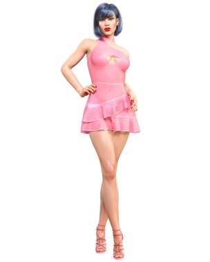 Güzel bir kadın, şeffaf gece mini elbisesi, daha parlak kıyafetler koleksiyonu. Parlak makyaj. Kadın stüdyosu göz alıcı fotoğraf çekimi. Kavramsal moda sanatı..