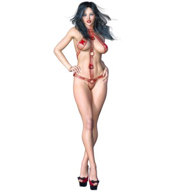 Uzun, seksi, minimalist, gösterişli, seksi deri iç çamaşırı. Tanga, sütyen askısı ve külot. Kavramsal moda sanatı. Baştan çıkarıcı, 3D görünümü..