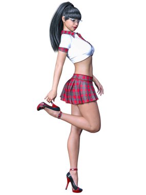 Güzel bir genç kadın poz veriyor. Kısa kırmızı etek, ayakkabı, bluz. Uzun saç. Okul seksi üniforma. Kavramsal moda sanatı..