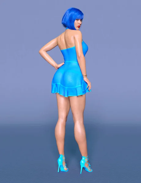 Mujer Hermosa Corta Azul Transparente Noche Mini Dress Summer Ropa — Foto de Stock