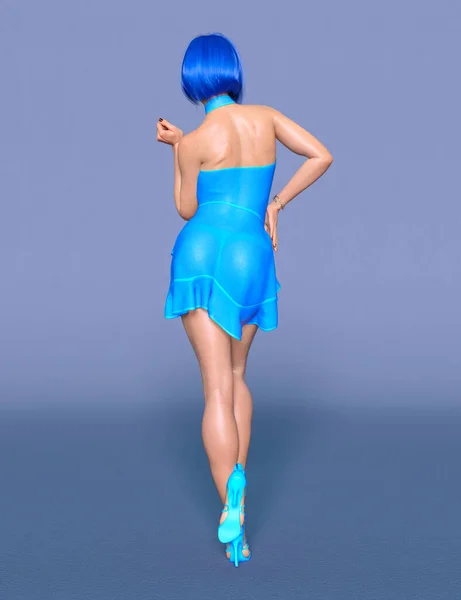 Schöne Frau Kurze Blaue Transparente Abendkleider Sommerbekleidungskollektion Helles Makeup Woman — Stockfoto