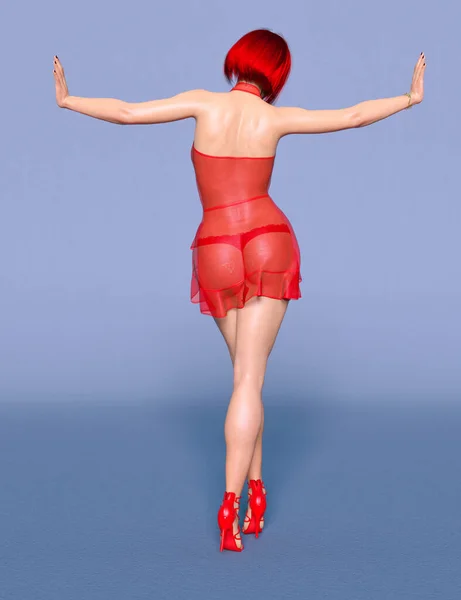 Beautiful Woman Short Red Transparent Evening Mini Dress Summer Clothes — Stock Photo, Image