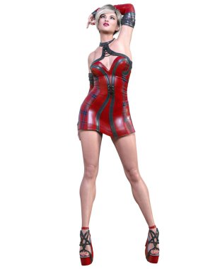 Kısa vadeli kırmızı deri elbiseli güzel bir kadın. Parlak giysiler koleksiyonu. Parlak makyaj. Kadın stüdyo fotoğrafı. Kavramsal moda sanatı..