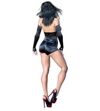 Güzel siyah ipek kısa vücut. Parlak kıyafet koleksiyonu. Parlak makyaj. Kadın stüdyo fotoğrafı. Kavramsal moda sanatı..