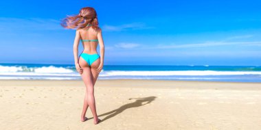 3D güzel bronz tenli kadın bikini deniz plajı, dinlenme, mavi okyanus manzarası. Güneşli bir gün. Kavramsal moda sanatı. Baştan çıkarıcı, 3D pozlama..