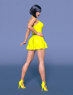 Güzel bir kadın kısa sarı şeffaf gece mini elbisesi, daha parlak kıyafetler koleksiyonu. Parlak makyaj. Kadın stüdyosu göz alıcı fotoğraf çekimi. Kavramsal moda sanatı..