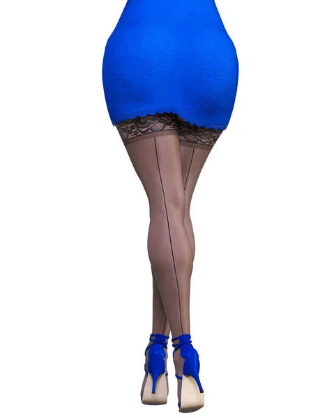 Krásná Žena Modrá Krátké Večerní Mini Šaty Černé Punčochy Letní — Stock fotografie