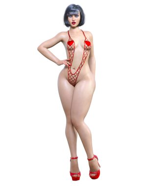 Minimalist şeffaf mayolu seksi kadın. Kıvrımlar biçimli kız. Kavramsal moda sanatı. Üniforma koleksiyonu..